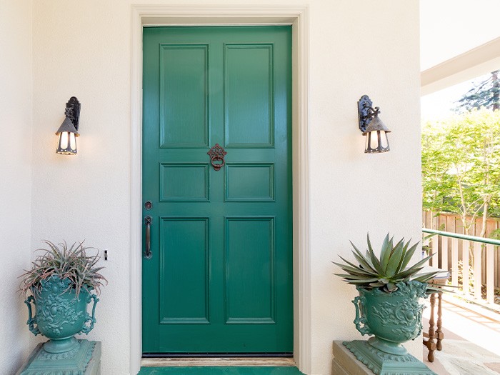 Turquoise fiberglass door.