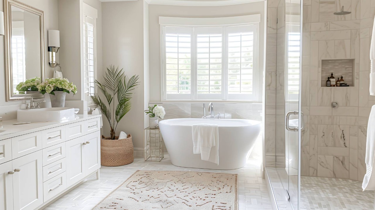 A bathroom with large windows and interior shutters at All About the Windows near Cottage Hill Road Alabama (AL), USA