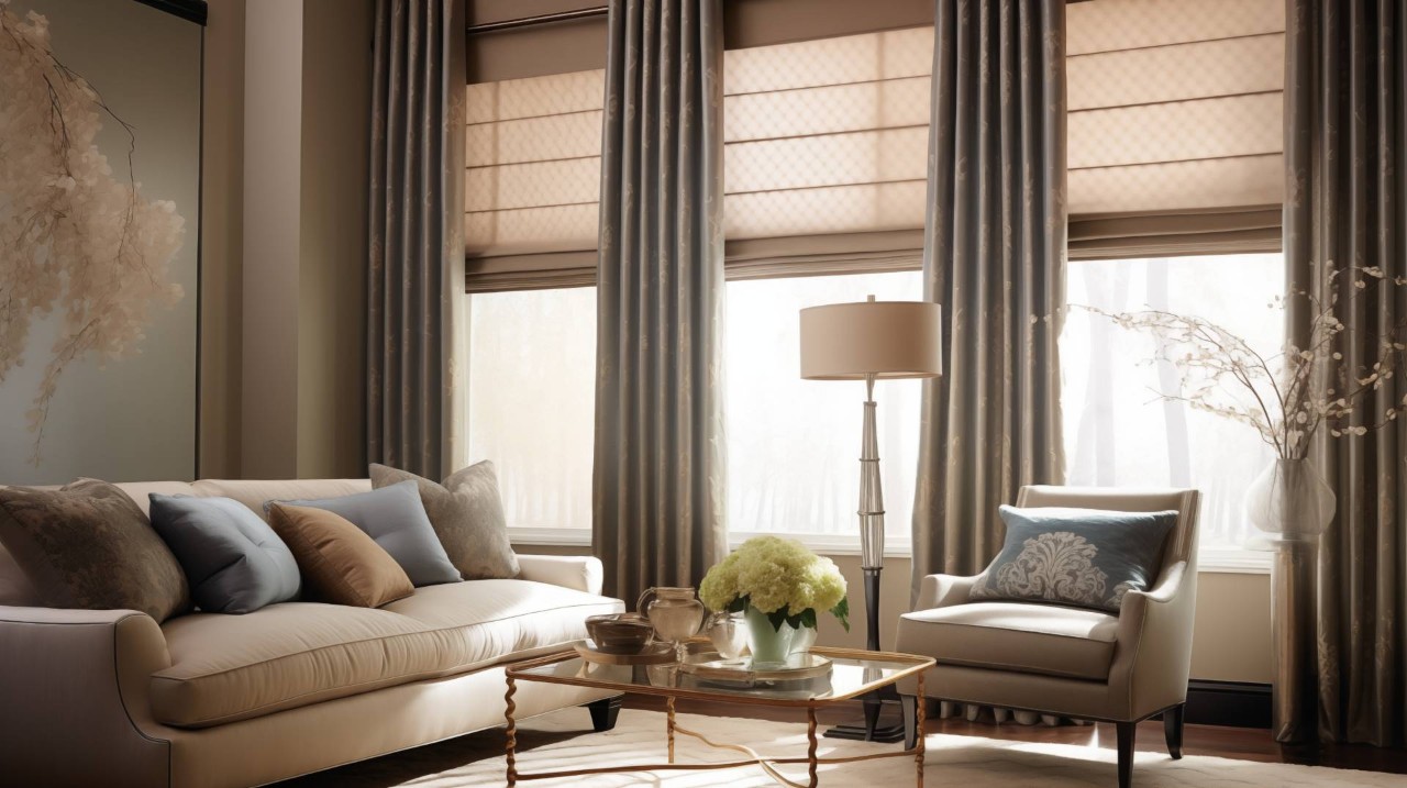 Roman shades layered with drapery in a living room near Mobile, Alabama (AL) 