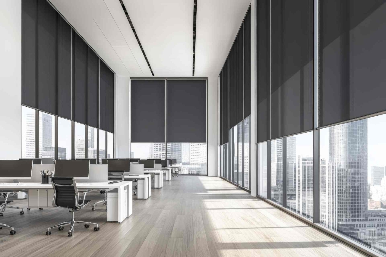 A business office with large shades for the windows  at All About the Windows near Mobile, Alabama (AL)